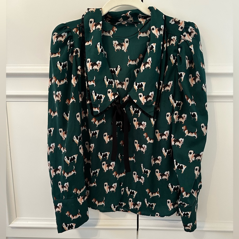 Zara Green Dog Print Tie-Neck Blouse